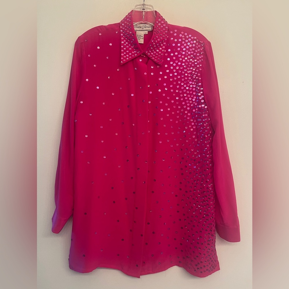 Pink Silk Sequin Button-Up Shirt by Diane Gilman size S